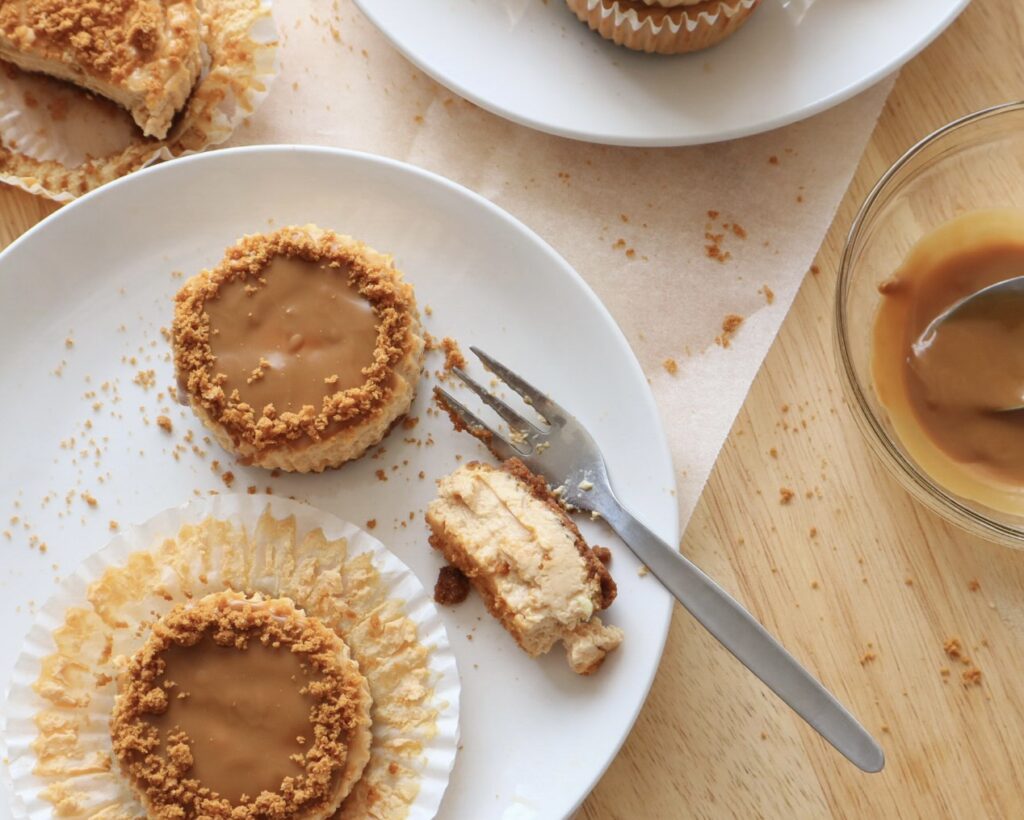 Mini protein Biscoff cheesecake bites topped with lotus biscuits