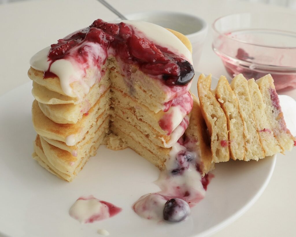 Side View Of a Final Stack Of Protein Pancake Recipe Cut Into