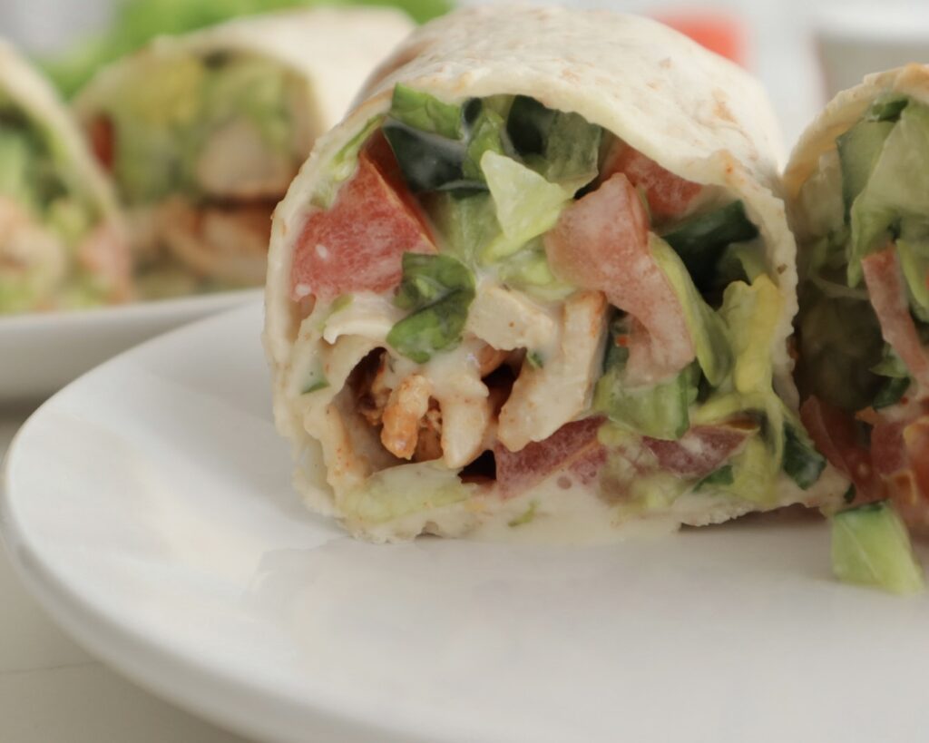 Close up shot of a healthy chicken wrap