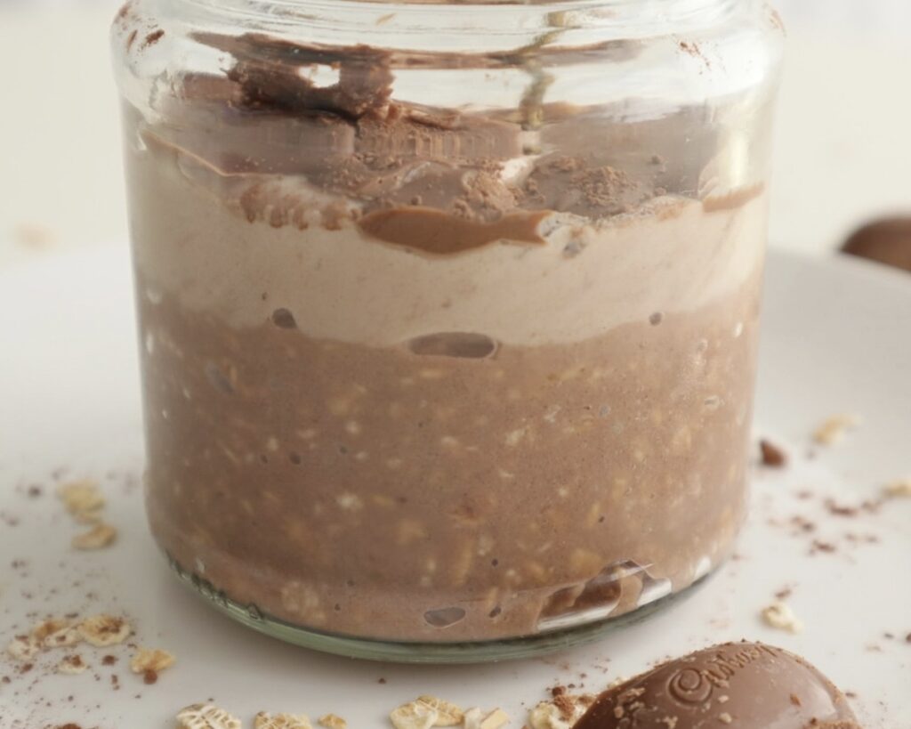 Chocolate protein yogurt layer on top of chocolate oatmeal