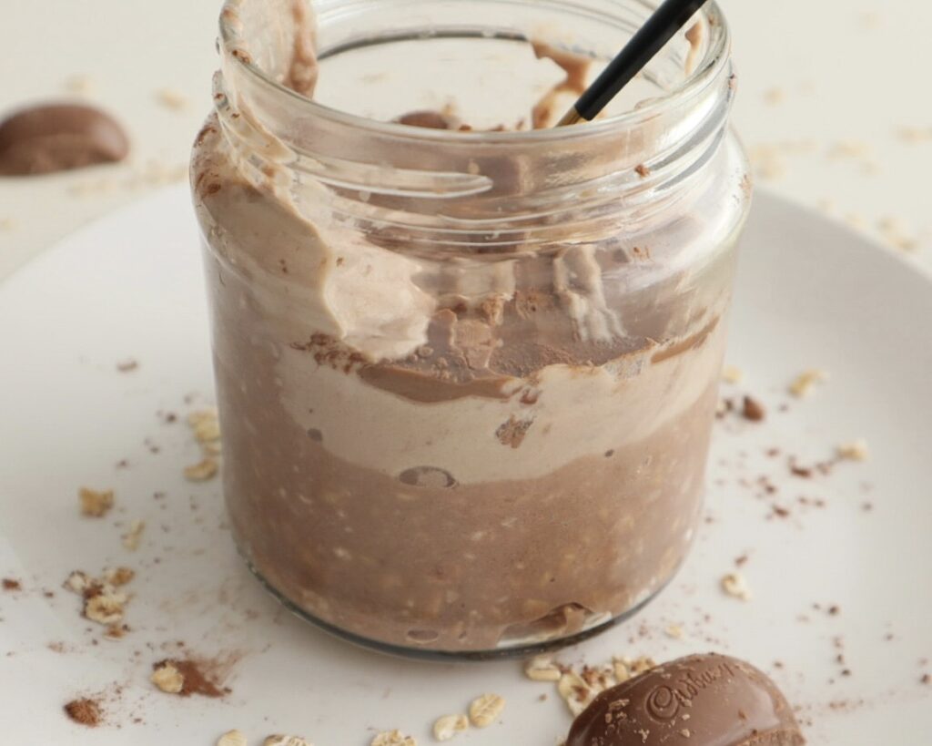 Side view of completed chocolate overnight oats and yogurt recipe